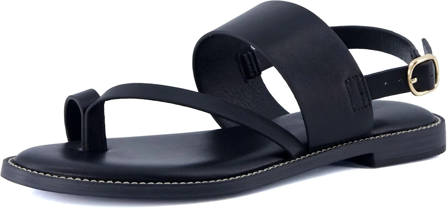 CUSHIONAIRE Leader Women’s Strappy Sandal – Premium Faux Leather Toe Loop Flat with Adjustable Ankle Strap & Cushioned Footbed