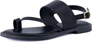 CUSHIONAIRE Leader Women’s Strappy Sandal – Premium Faux Leather Toe Loop Flat with Adjustable Ankle Strap & Cushioned Footbed