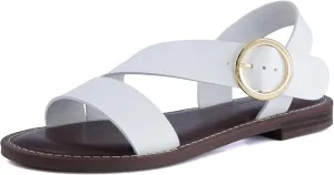 CUSHIONAIRE Lisbon Women’s Strappy Sandal – Faux Leather Flat with Bold Buckle Accent, Adjustable Strap & Cushioned Footbed