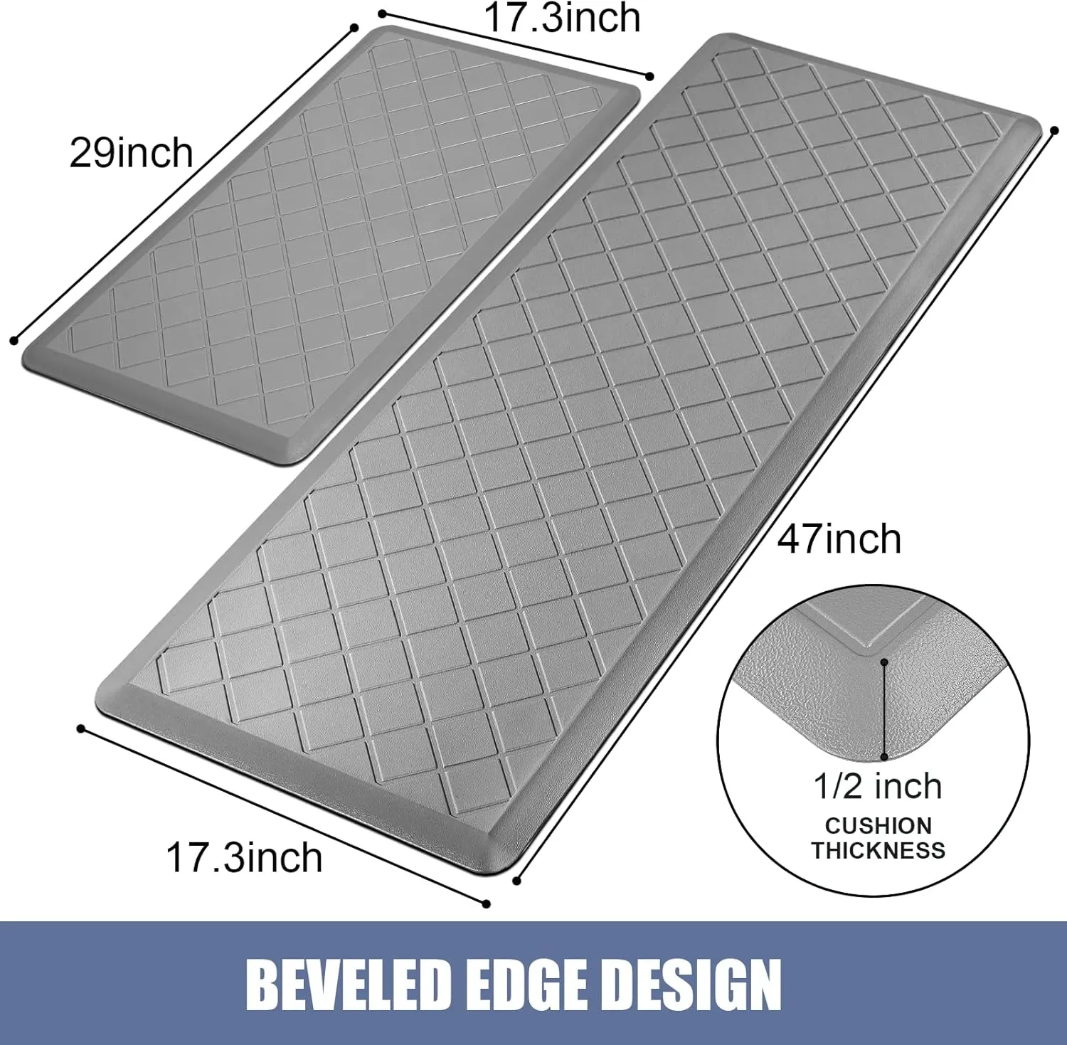Cushioned Kitchen Mat 2 PCS, Anti Fatigue Kitchen Rugs, Heavy Duty Non-Skid, Ergonomic Comfort Foam Kitchen Floor Mat for Home, Office, Sink, Laundry - Grey