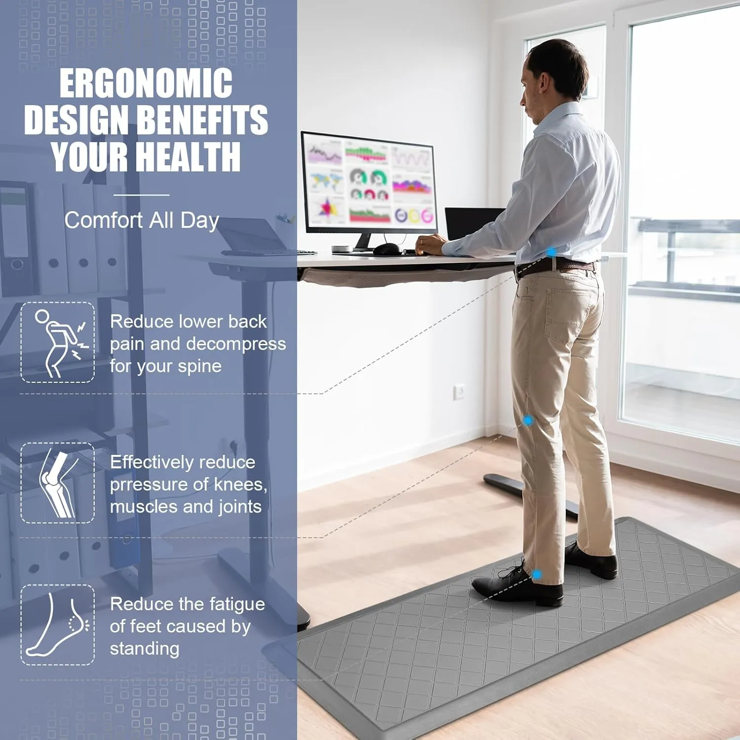 Cushioned Kitchen Mat 2 PCS, Anti Fatigue Kitchen Rugs, Heavy Duty Non-Skid, Ergonomic Comfort Foam Kitchen Floor Mat for Home, Office, Sink, Laundry - Grey