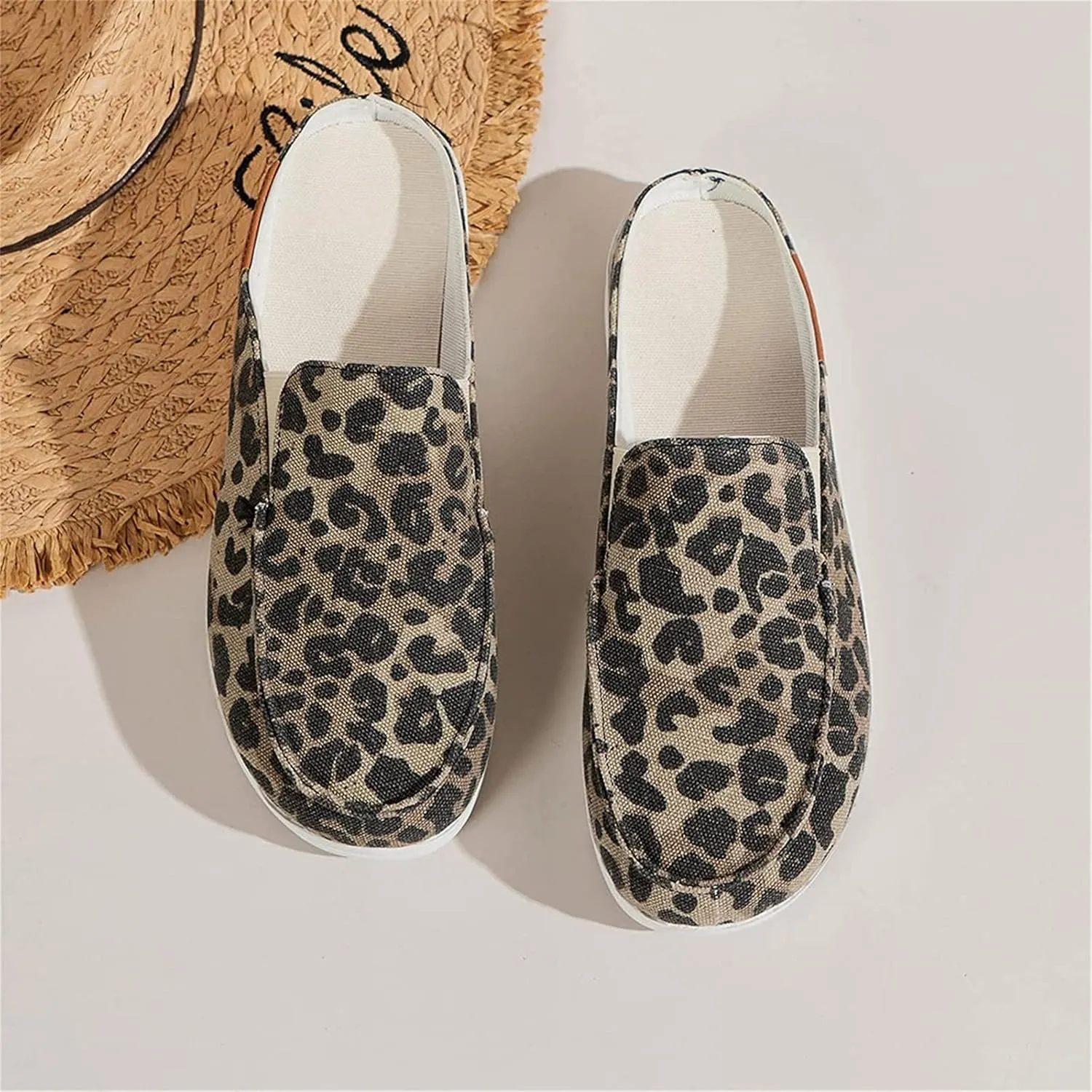 DOIX Women's Garden Clogs Shoes Slip on Canvas Slippers Backless Flat Sandals Lightweight Closed Toe Summer Casual Comfy Walking Loafer Shoes,Leopard Print,US6/EU37