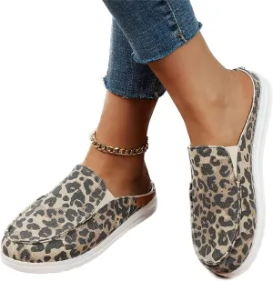 DOIX Women's Garden Clogs Shoes Slip on Canvas Slippers Backless Flat Sandals Lightweight Closed Toe Summer Casual Comfy Walking Loafer Shoes,Leopard Print,US6/EU37