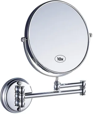 Double-Sided Swivel Wall Mounted Makeup Mirror, 8-Inch with 10X Magnification Extendable Vanity Mirror, for Cosmetic Shaving Bathroom Chrome Finish