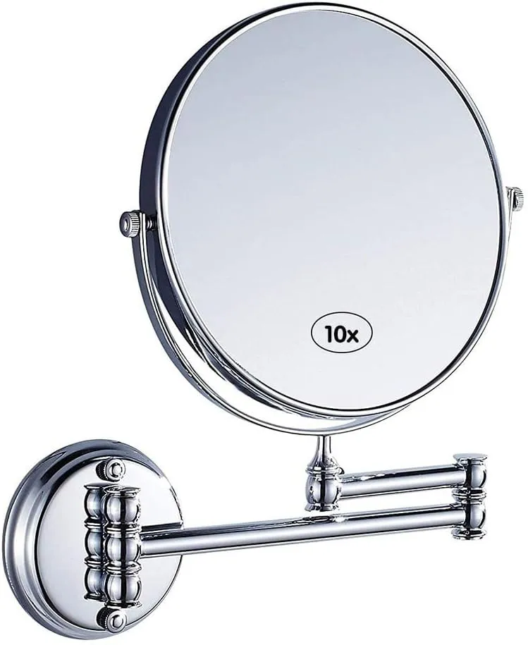 Double-Sided Swivel Wall Mounted Makeup Mirror, 8-Inch with 10X Magnification Extendable Vanity Mirror, for Cosmetic Shaving Bathroom Chrome Finish