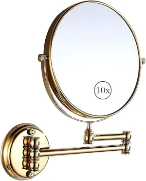 Double-Sided Swivel Wall Mounted Makeup Mirror, 8-Inch with 10X Magnification Extendable Vanity Mirror for Cosmetic Shaving Bathroom, Gold