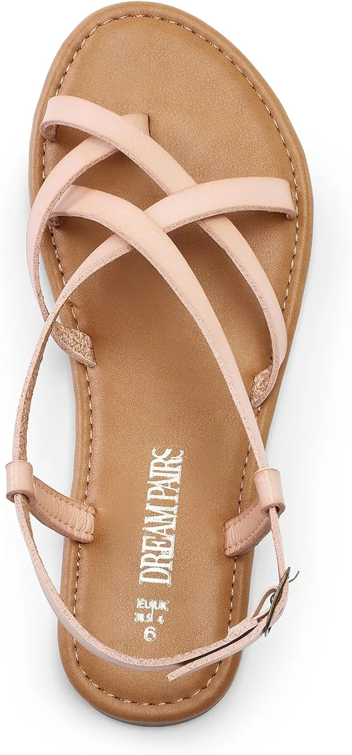 DREAM PAIRS Women's Flat Sandals Strappy Dressy Comfortable Ankle Strap Casual Summer Thong Sandals for Beach