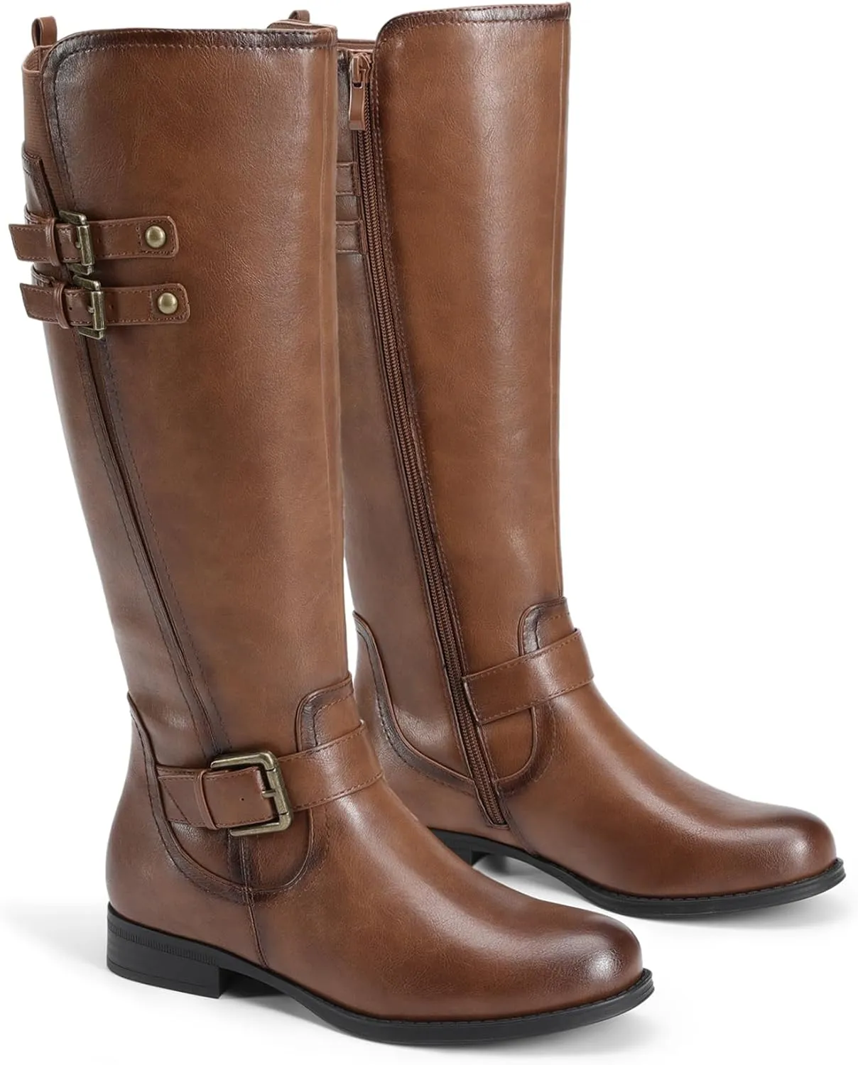DREAM PAIRS Women's Knee High Riding Pirate Boots, Comfortable Low Chunky Heel Flat Motorcycle Buckle Boots for Women
