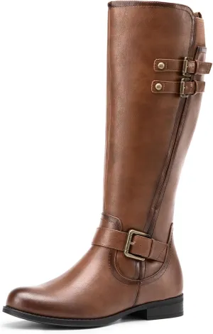 DREAM PAIRS Women's Knee High Riding Pirate Boots, Comfortable Low Chunky Heel Flat Motorcycle Buckle Boots for Women