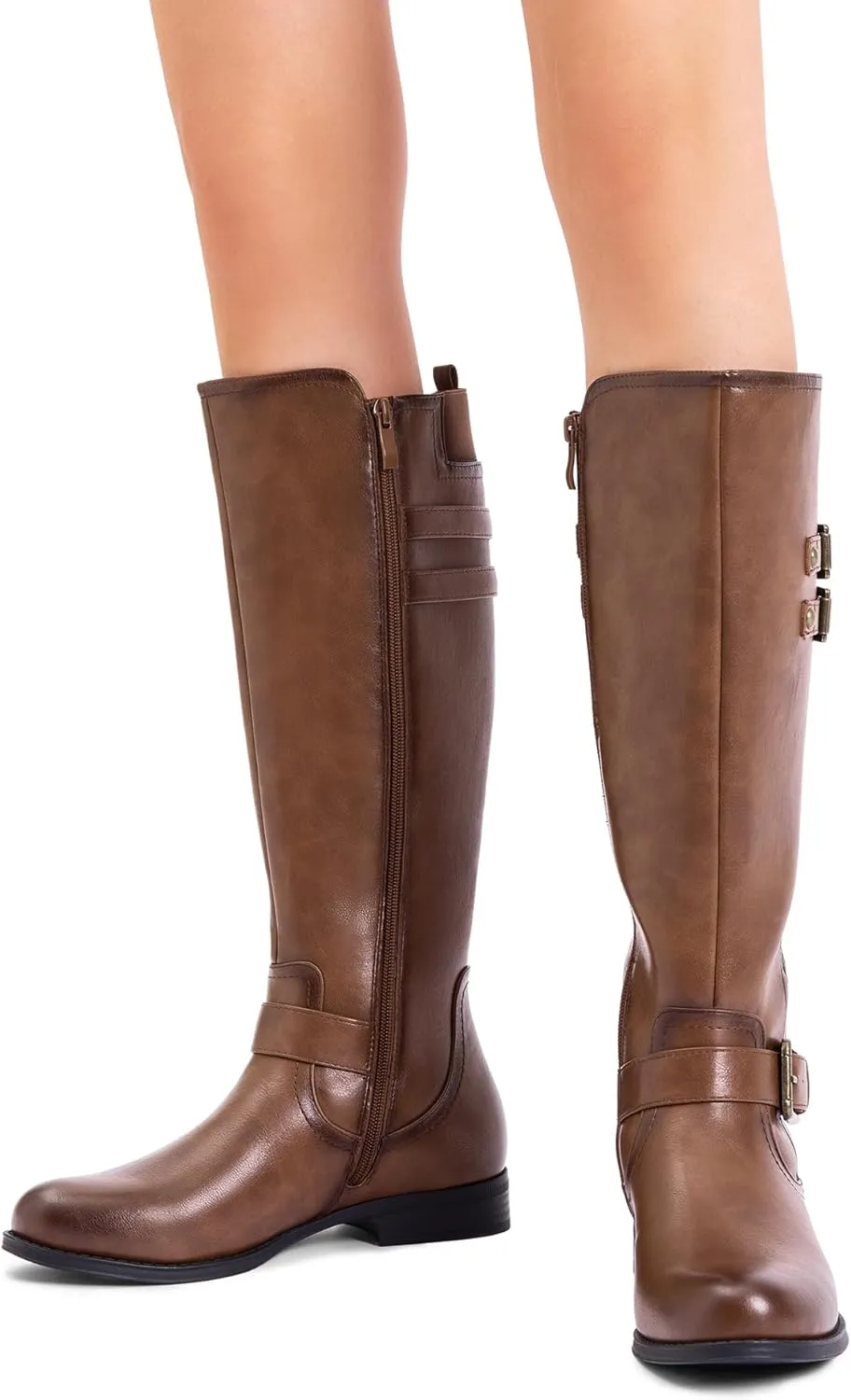 DREAM PAIRS Women's Knee High Riding Pirate Boots, Comfortable Low Chunky Heel Flat Motorcycle Buckle Boots for Women
