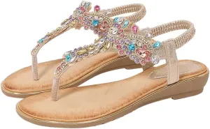 Duo Mei Zu Women Comfort Wedge Strappy Sandals with Slope Comfort Wedge，Shoes Flower Pattern Rhinestone Slope Heel Rubber Outsole Sandals