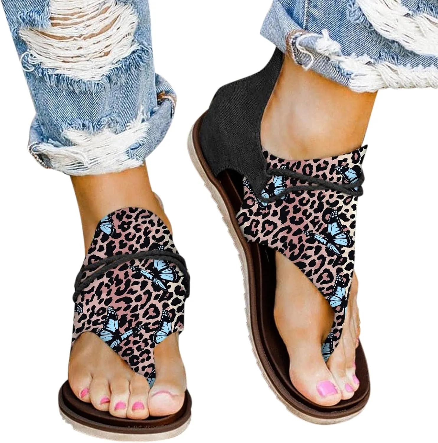 Eduavar Wedge Sandals for Women, Women's Sandals Lace Trim Ring Toe Floral Flat Sandals Dressy Summer Beach Sandals