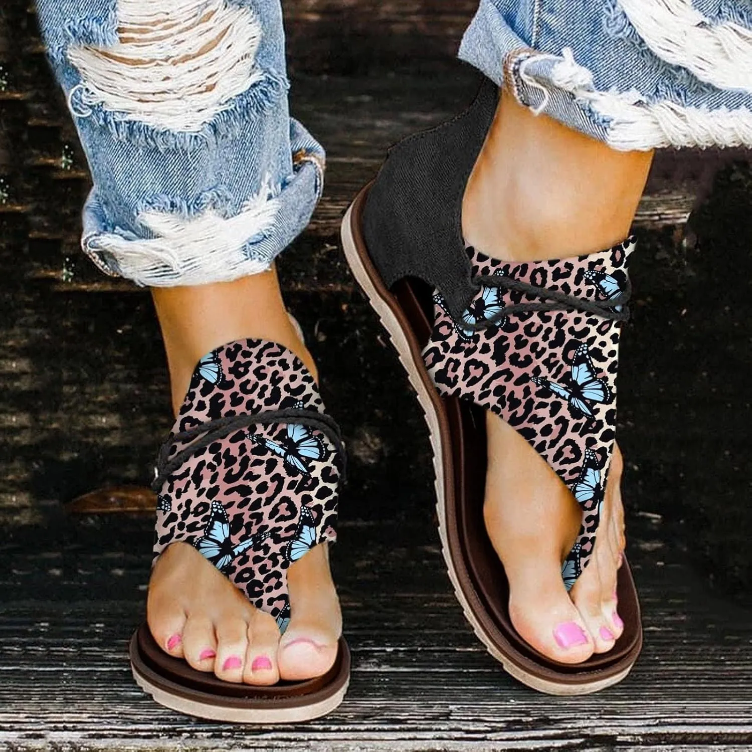 Eduavar Wedge Sandals for Women, Women's Sandals Lace Trim Ring Toe Floral Flat Sandals Dressy Summer Beach Sandals