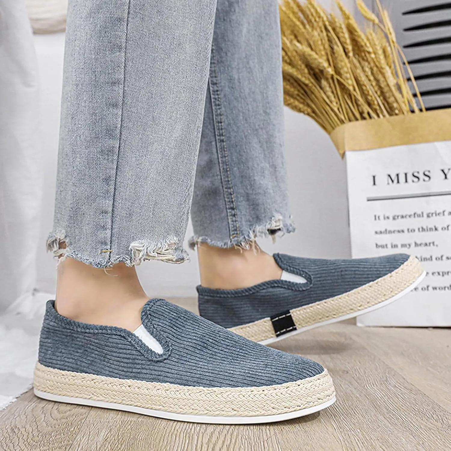 EFTCAL Men's Suede Espadrille Loafers,Lightweight Breathable Slip On Flat Walking Shoes Casual Driving Shoes
