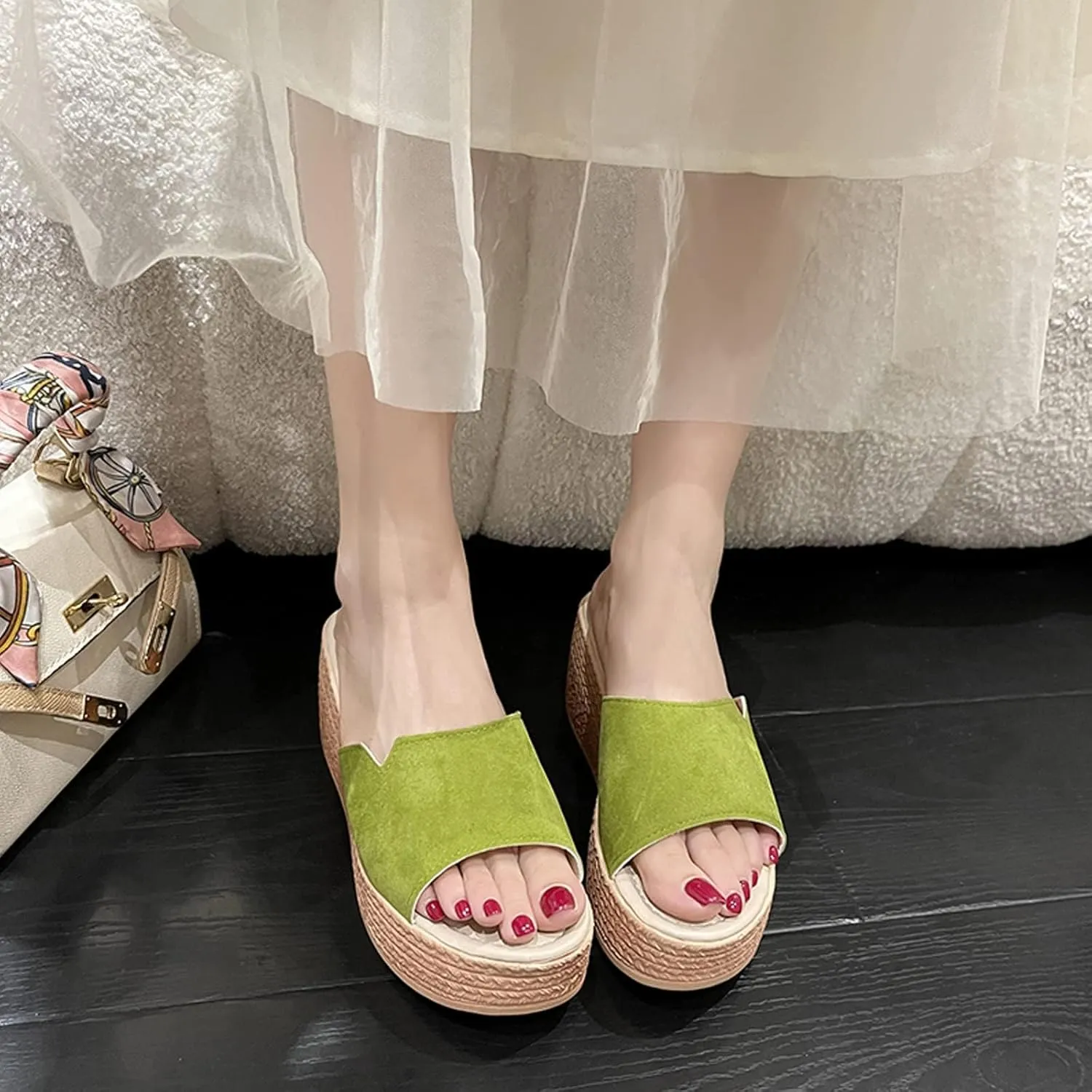 EFTCAL Women Open Toe Suede Platform Sandal,Comfort Slip On Backless Espadrille Wedge Sandals with Arch Support,Casual Fashion Non-Slip Beach Slide