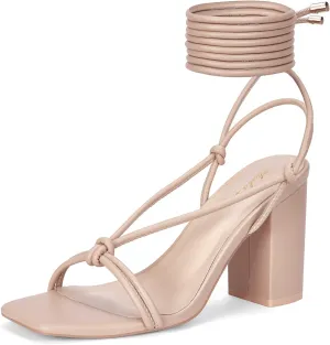 Elisabet Tang Women's Strappy Chunky Heels Sandals, 3 inch Low Block Heels Lace Up Ankle Wrap Heel Square Open Toe Tie Up Heeled Sandals Shoes