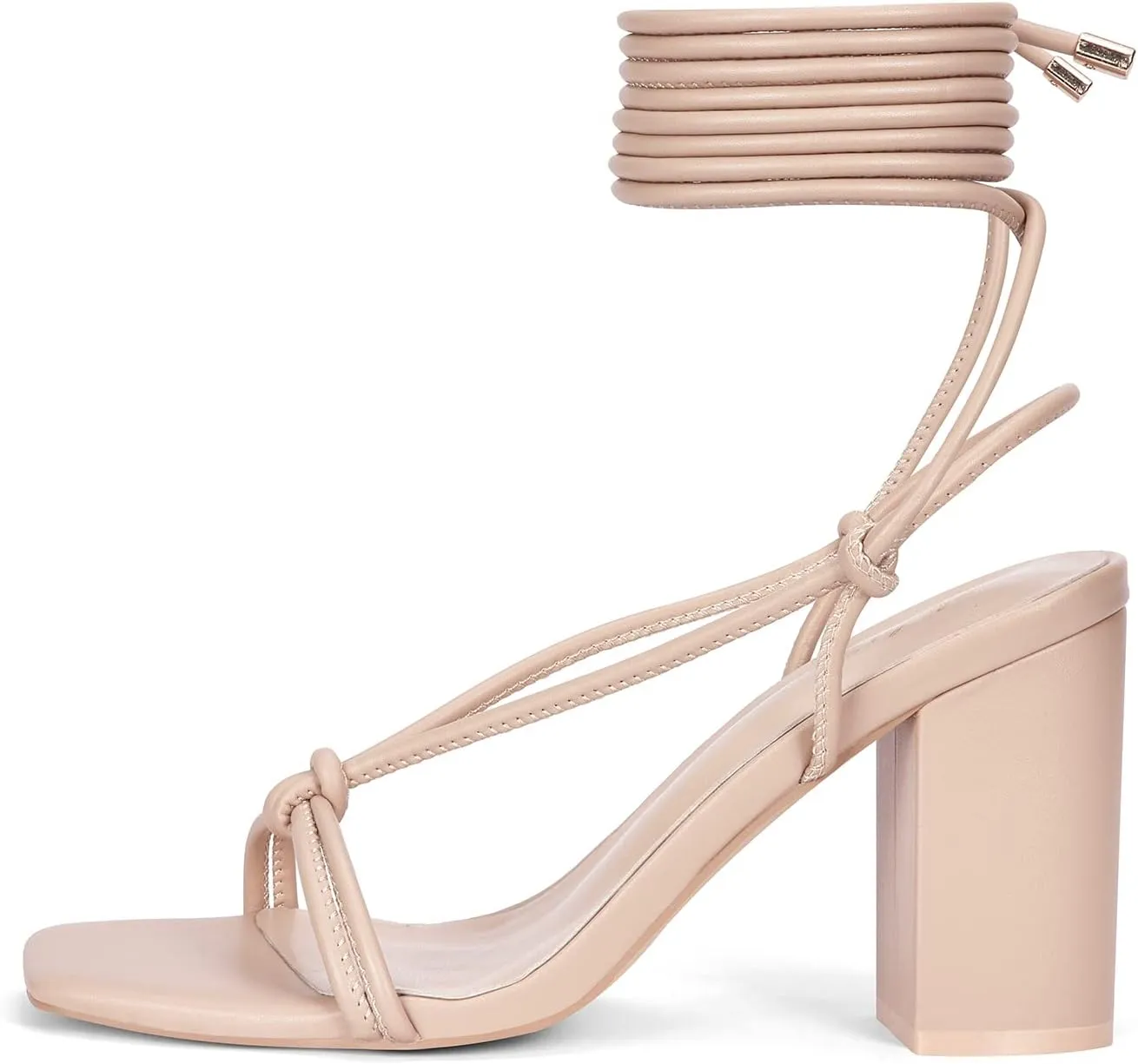 Elisabet Tang Women's Strappy Chunky Heels Sandals, 3 inch Low Block Heels Lace Up Ankle Wrap Heel Square Open Toe Tie Up Heeled Sandals Shoes