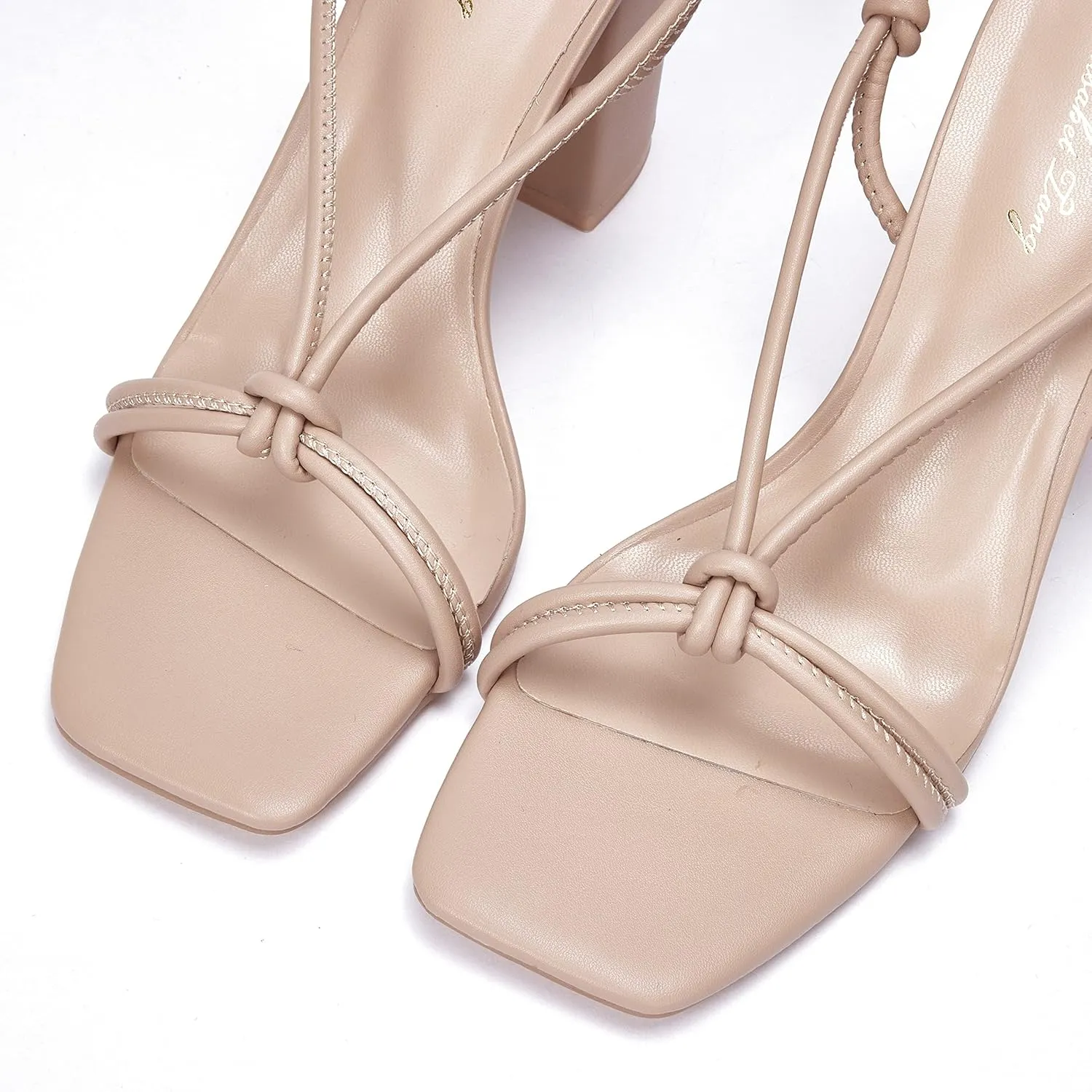 Elisabet Tang Women's Strappy Chunky Heels Sandals, 3 inch Low Block Heels Lace Up Ankle Wrap Heel Square Open Toe Tie Up Heeled Sandals Shoes