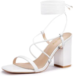 Elisabet Tang Women's Strappy Chunky Heels Sandals, 3 inch Low Block Heels Lace Up Ankle Wrap Heels Square Open Toe Tie Up Heeled Sandals Shoes