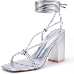 Elisabet Tang Women's Strappy Chunky Heels Sandals, 3 inch Low Block Heels Lace Up Ankle Wrap Heels Square Open Toe Tie Up Heeled Sandals Shoes