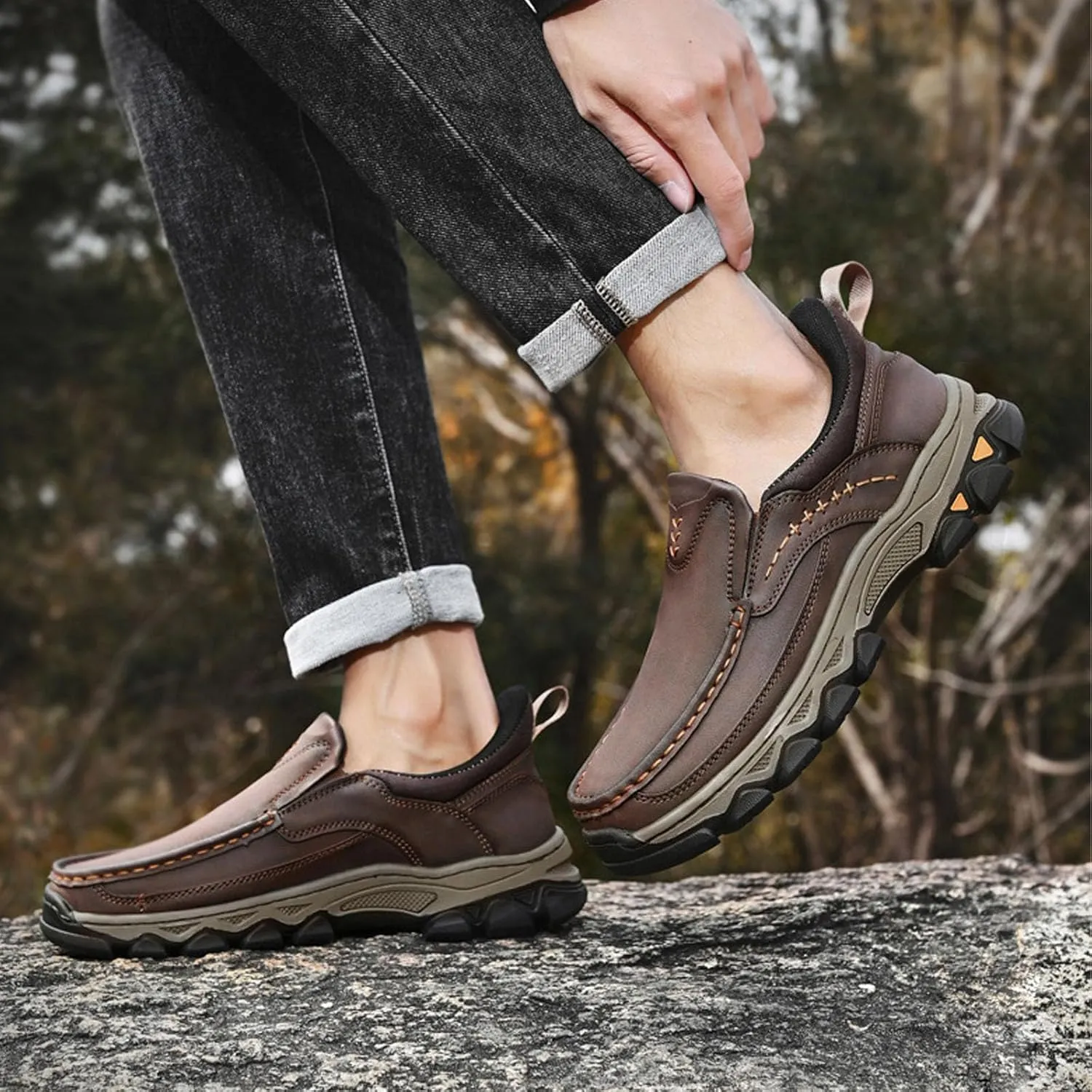 Enjerr Orthopedic Shoes Men 2025 New Men's Orthopedic Hands-Free Genuine Leather Slip On Loafers Men's Walking Shoes