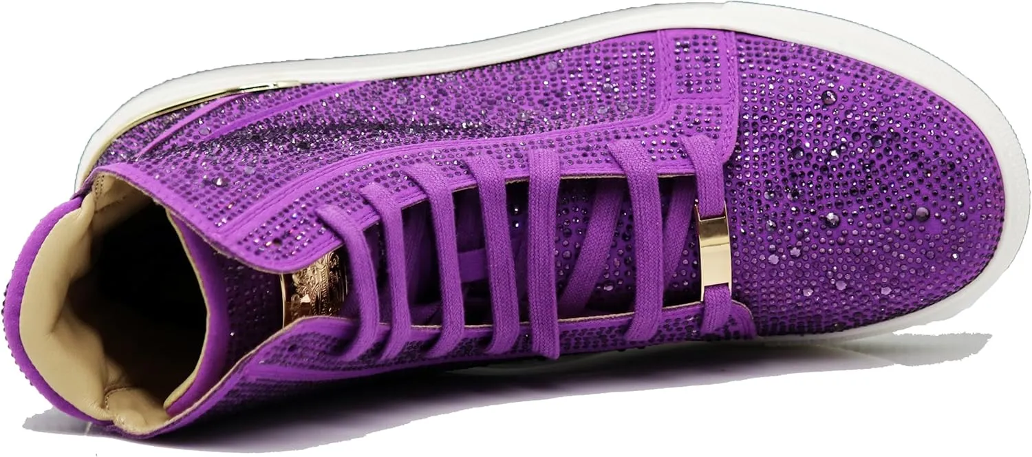Enzo Romeo Men's Fashion High Top Crystal Shimmer Rhinestone Blink Flat Sneakers Shoes