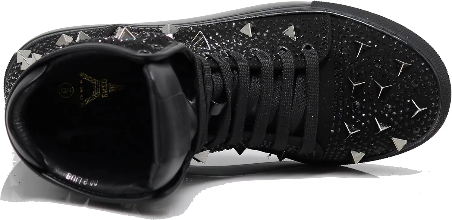 Enzo Romeo Men's High Top Crystal Shimmer Rhinestone Blink Flat Spike Fashion Sneakers Shoes BUL2