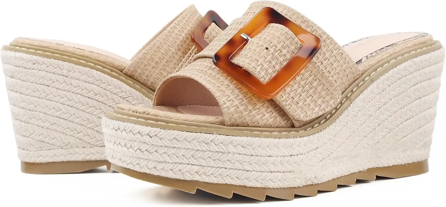 Espadrille Dressy Wedge Sandals, Adjustable Ankle Strap Buckle Women's Platform Sandals Dressy Square Toe, Comfortable High Heel Beach Shoes with Cushioned Footbed for Casual Summer