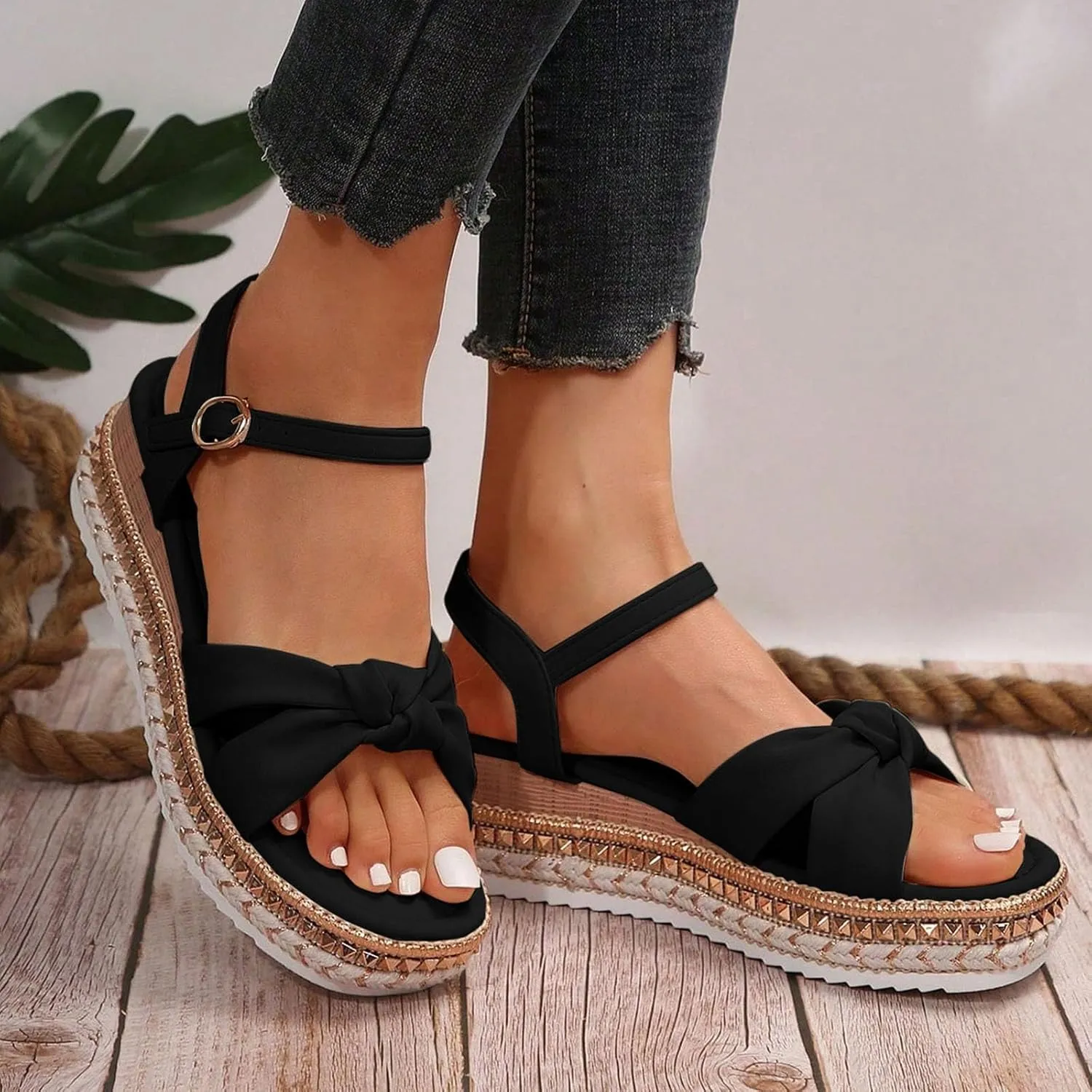 Espadrille Wedge Platform Sandals for Women 2025 Bowknot Open Toe Ankle Strap Sandals Comfortable Rhinestones Sole Summer Dressy Beach Women Slip on Ankle Strap Shoes