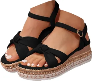 Espadrille Wedge Platform Sandals for Women 2025 Bowknot Open Toe Ankle Strap Sandals Comfortable Rhinestones Sole Summer Dressy Beach Women Slip on Ankle Strap Shoes