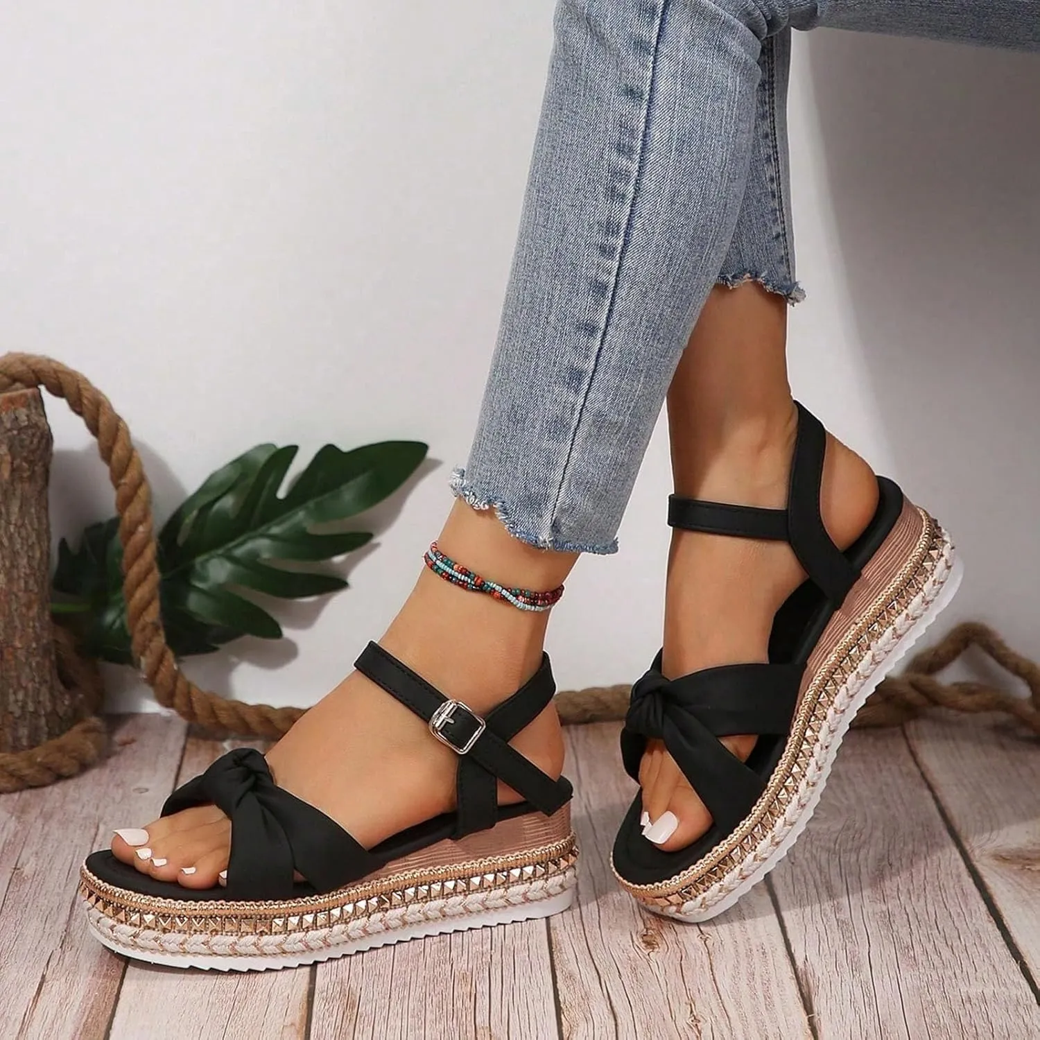 Espadrille Wedge Platform Sandals for Women 2025 Bowknot Open Toe Ankle Strap Sandals Comfortable Rhinestones Sole Summer Dressy Beach Women Slip on Ankle Strap Shoes