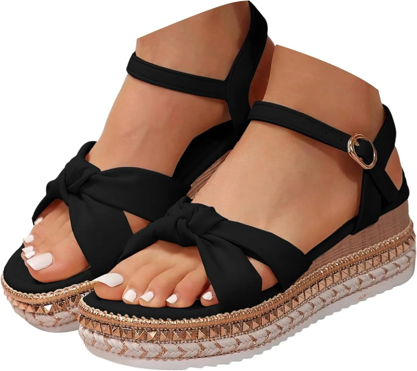 Espadrille Wedge Platform Sandals for Women 2025 Bowknot Open Toe Ankle Strap Sandals Comfortable Rhinestones Sole Summer Dressy Beach Women Slip on Ankle Strap Shoes