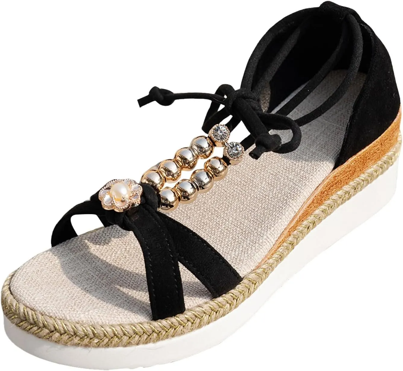 Espadrilles Wedge Sandal for Women Dressy Summer Rhinestone Sparkly Sandals T-Strap Comfortable Open Toe Arch Support Low Heel Elastic Ankle Strap Sandal Wide Width Bohemian Woven Sandals