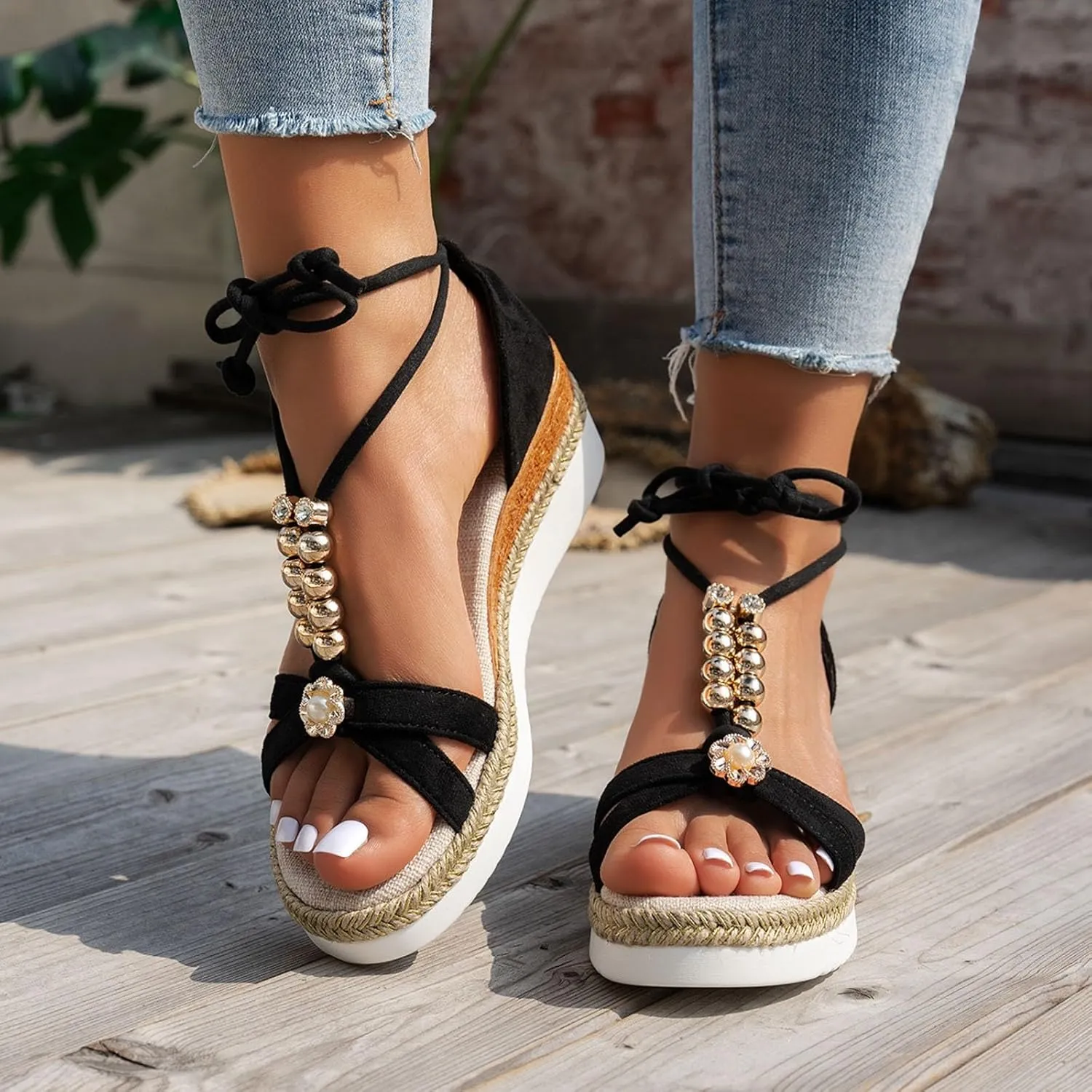 Espadrilles Wedge Sandal for Women Dressy Summer Rhinestone Sparkly Sandals T-Strap Comfortable Open Toe Arch Support Low Heel Elastic Ankle Strap Sandal Wide Width Bohemian Woven Sandals