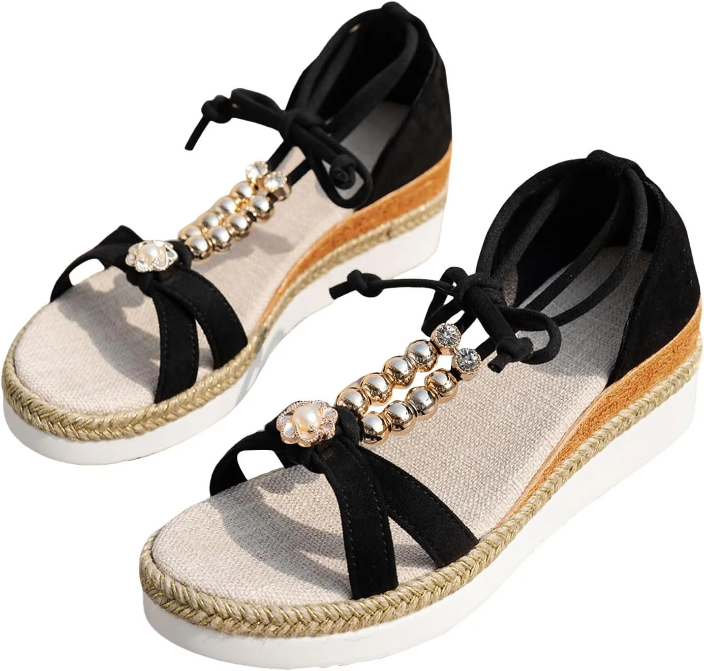 Espadrilles Wedge Sandal for Women Dressy Summer Rhinestone Sparkly Sandals T-Strap Comfortable Open Toe Arch Support Low Heel Elastic Ankle Strap Sandal Wide Width Bohemian Woven Sandals