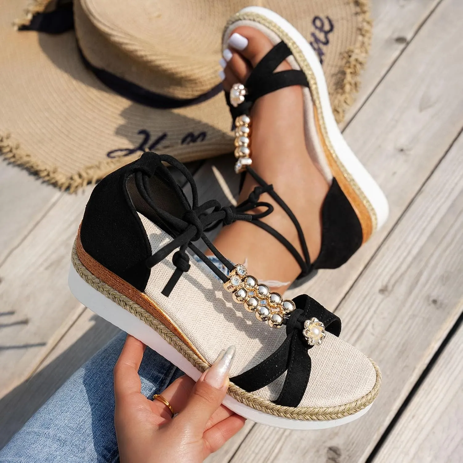 Espadrilles Wedge Sandal for Women Dressy Summer Rhinestone Sparkly Sandals T-Strap Comfortable Open Toe Arch Support Low Heel Elastic Ankle Strap Sandal Wide Width Bohemian Woven Sandals