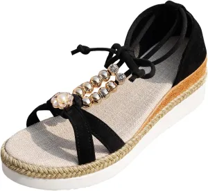 Espadrilles Wedge Sandal for Women Dressy Summer Rhinestone Sparkly Sandals T-Strap Comfortable Open Toe Arch Support Low Heel Elastic Ankle Strap Sandal Wide Width Bohemian Woven Sandals