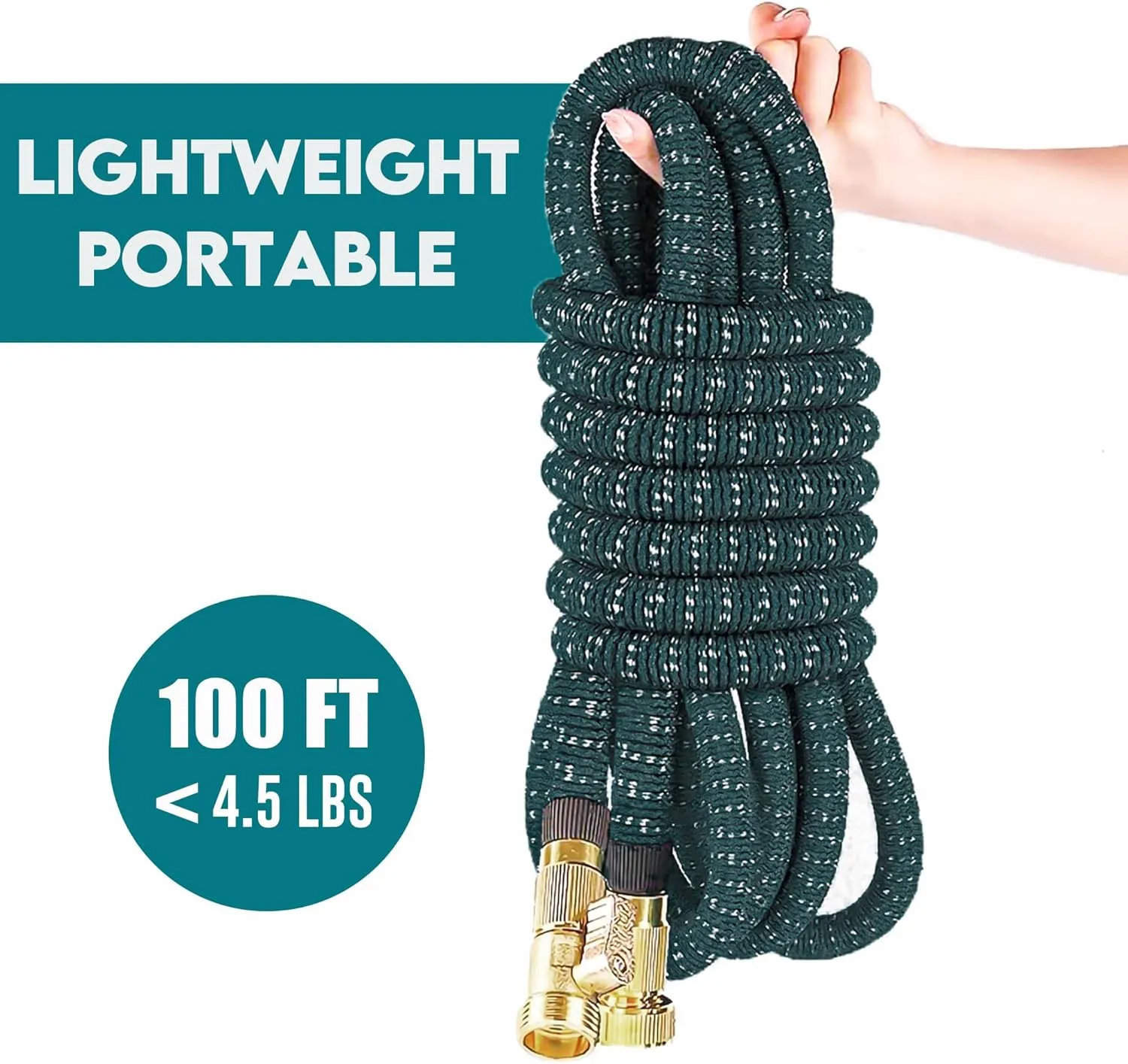 Expandable Garden Hose 100 ft with 10 Function Nozzle Sprayer, Lightweight & No-Kink Flexible Water Hose with Durable Latex Core & Solid Brass Fittings, 100ft Retractable Stretch Hose (DarkGreen)