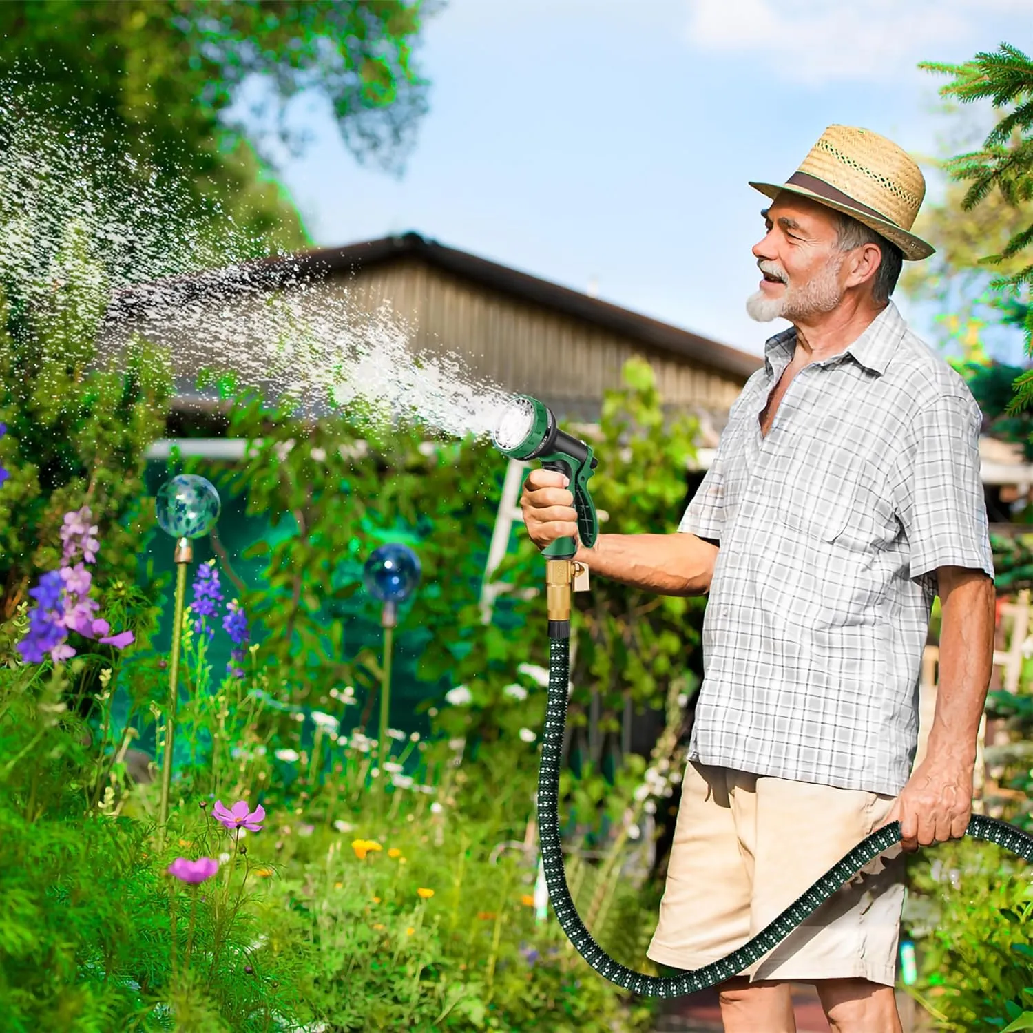 Expandable Garden Hose 100 ft with 10 Function Nozzle Sprayer, Lightweight & No-Kink Flexible Water Hose with Durable Latex Core & Solid Brass Fittings, 100ft Retractable Stretch Hose (DarkGreen)