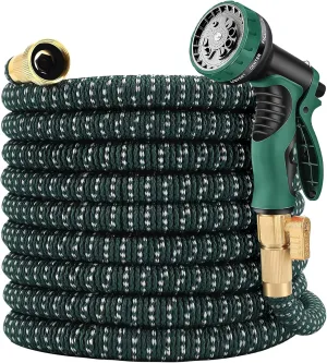 Expandable Garden Hose 100 ft with 10 Function Nozzle Sprayer, Lightweight & No-Kink Flexible Water Hose with Durable Latex Core & Solid Brass Fittings, 100ft Retractable Stretch Hose (DarkGreen)
