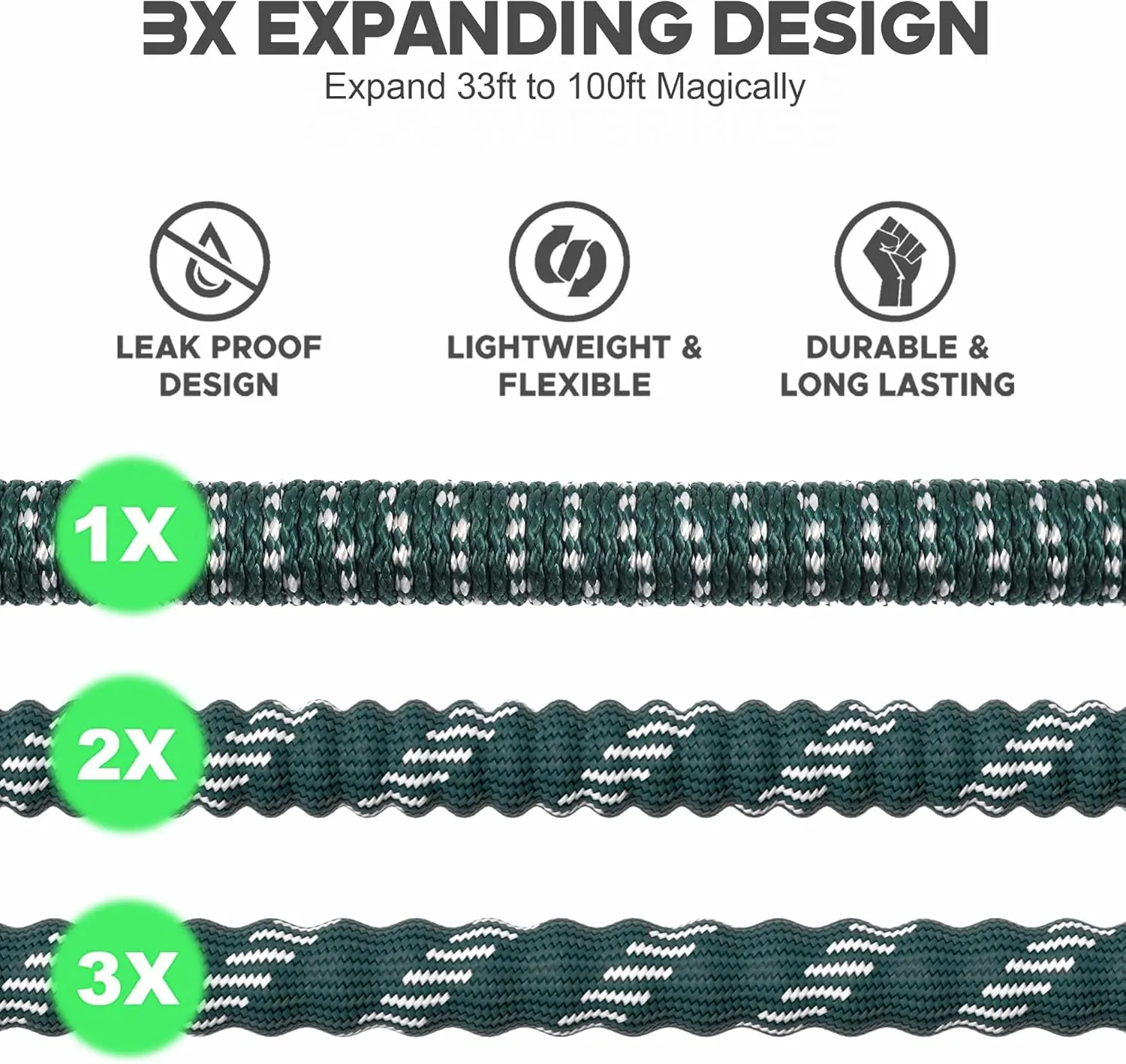 Expandable Garden Hose 100 ft with 10 Function Nozzle Sprayer, Lightweight & No-Kink Flexible Water Hose with Durable Latex Core & Solid Brass Fittings, 100ft Retractable Stretch Hose (DarkGreen)