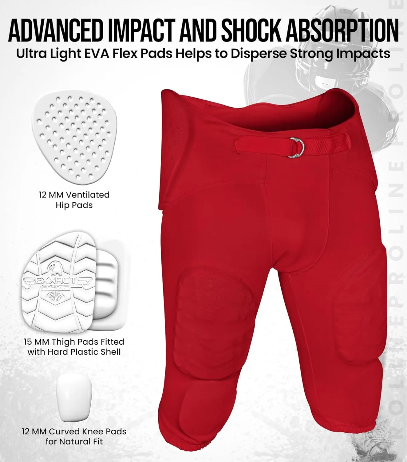 Exxact Sports Proline Youth Integrated Football Pants with 7 Flex Pads, Lightweight Football Practice Pants for Protection