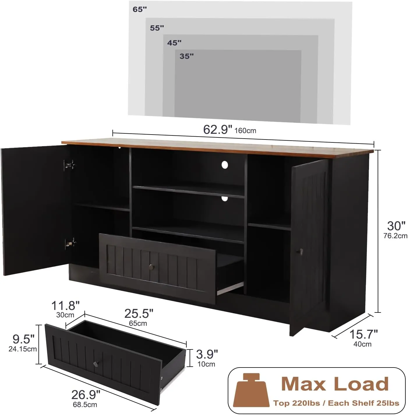 Farmhouse TV Stand for TVs up to 70 Inch, 63 Inch Entertainment Center with Storage Drawer and Open Shelves, Modern Media Console for Living Room, Bedroom, Black