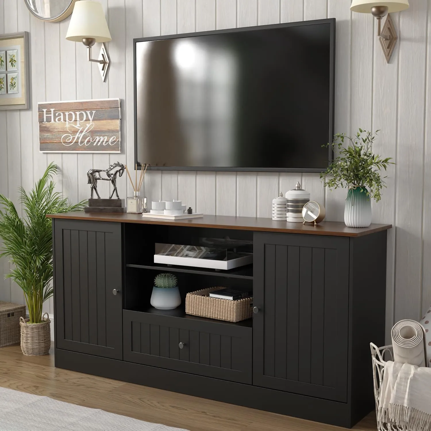 Farmhouse TV Stand for TVs up to 70 Inch, 63 Inch Entertainment Center with Storage Drawer and Open Shelves, Modern Media Console for Living Room, Bedroom, Black