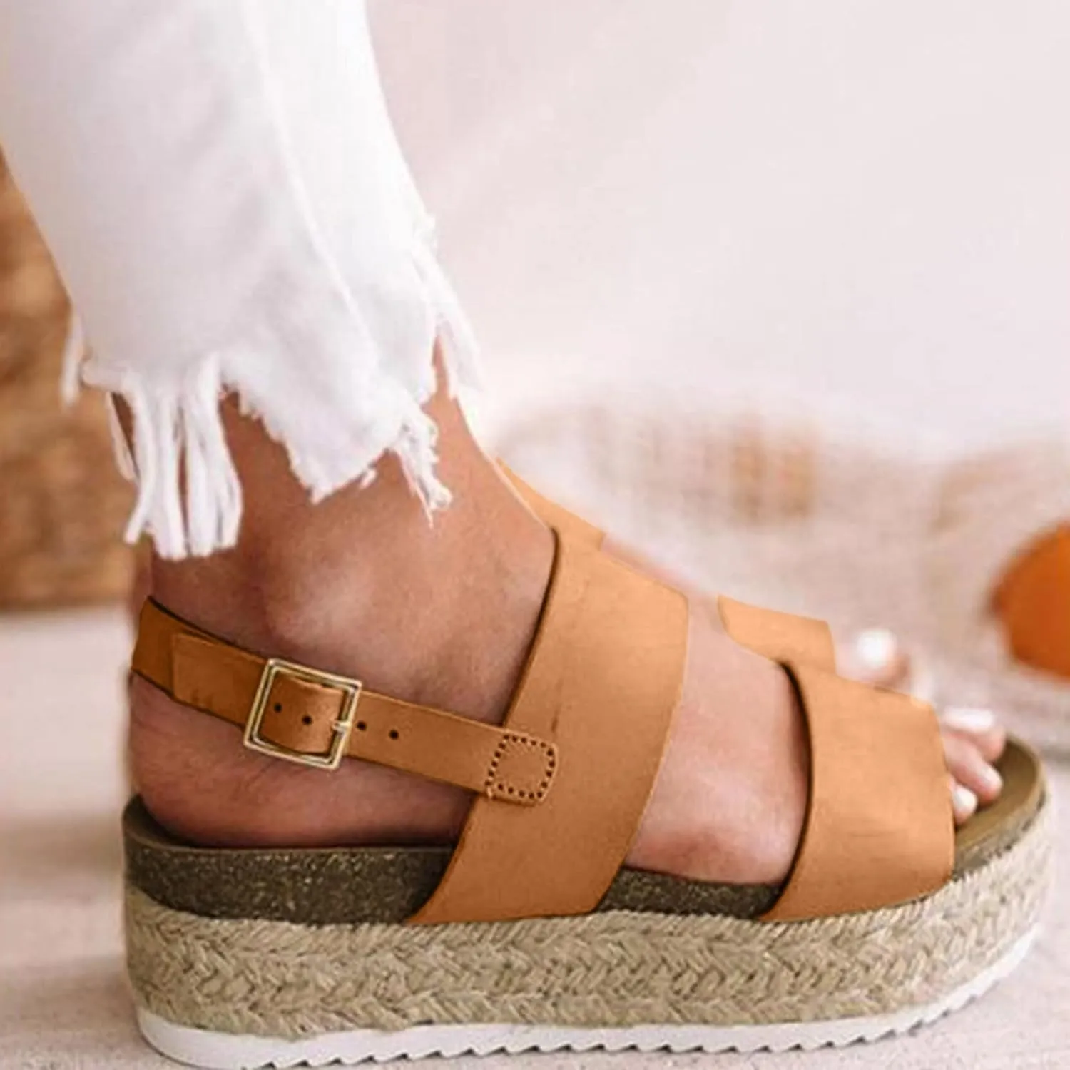 Fashion Rope Roman Sandals Thick Platform Women's Soled Women's Sandals Womens Slide Sandals Sparkly (Brown, 6.5-7)