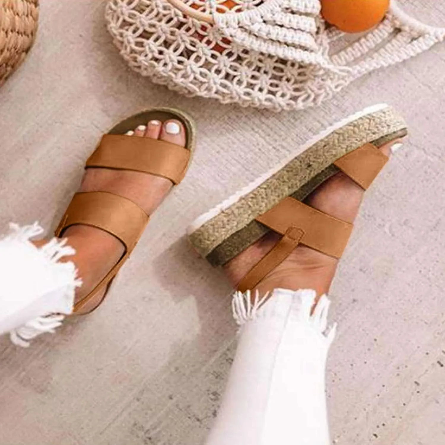Fashion Rope Roman Sandals Thick Platform Women's Soled Women's Sandals Womens Slide Sandals Sparkly (Brown, 6.5-7)