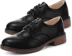 Fashion Women Oxford Shoes Block Heel Lace Up Derby Casual Brogue Shoes Brown Sneaker