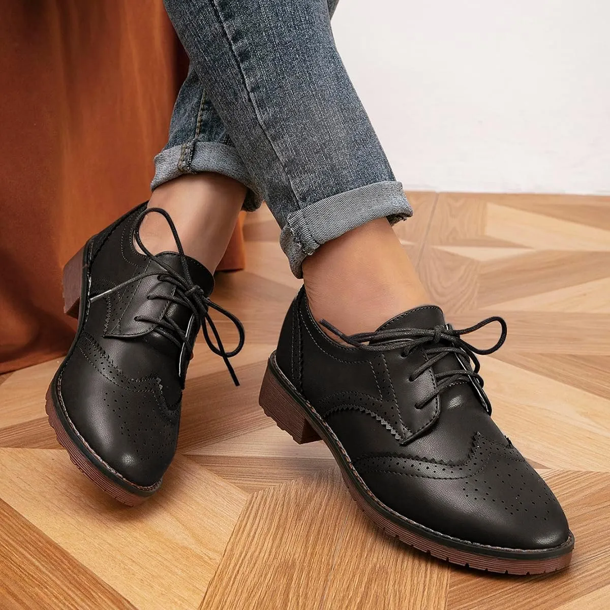Fashion Women Oxford Shoes Block Heel Lace Up Derby Casual Brogue Shoes Brown Sneaker