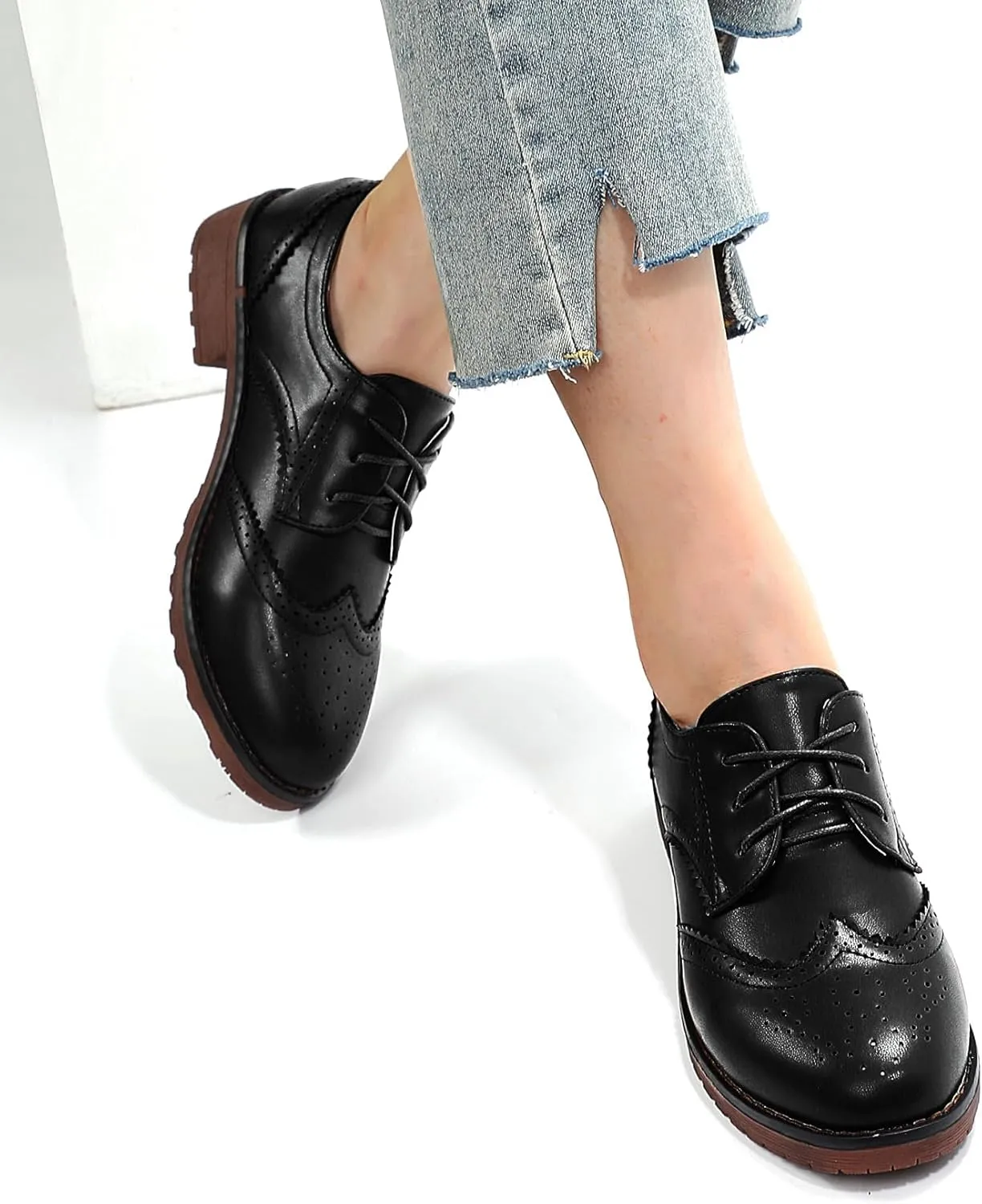 Fashion Women Oxford Shoes Block Heel Lace Up Derby Casual Brogue Shoes Brown Sneaker