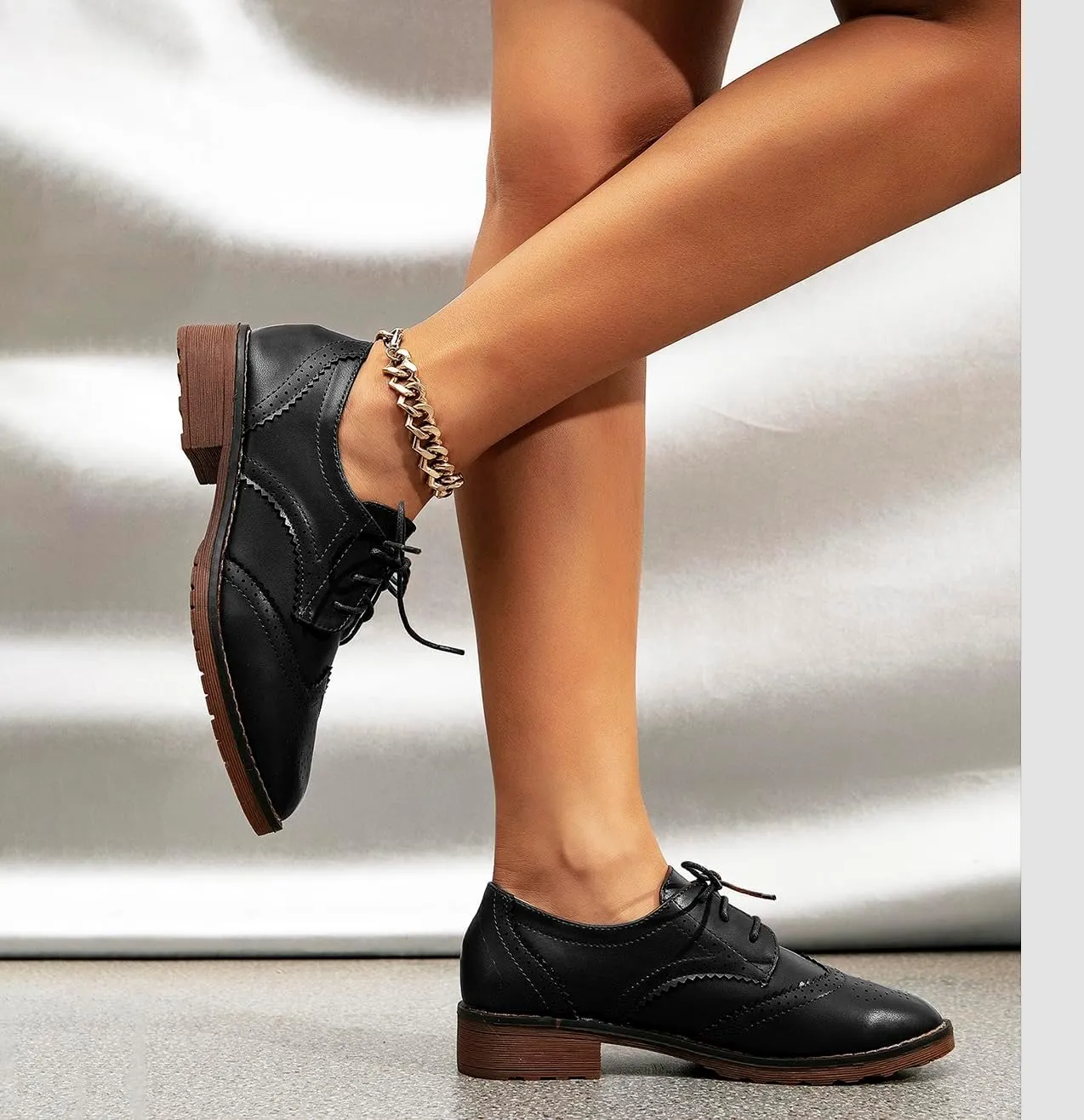 Fashion Women Oxford Shoes Block Heel Lace Up Derby Casual Brogue Shoes Brown Sneaker